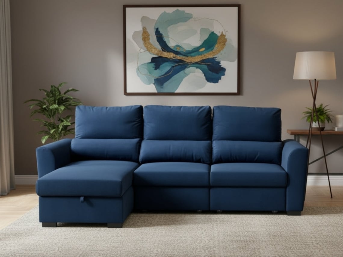 Sofá Cama 3 Lugares BUDWING Oliver Azul + Chaise Longue (235 x 147 x 96 cm - Reversível Lado Direito/Esquerdo)