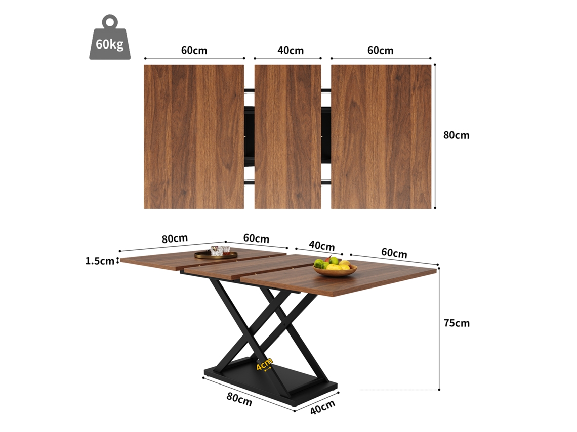 Mesa De Jantar Telescópica Extensível,mesa De Cozinha Compacta Com Pernas De Ferro Preto,nogueira Mega Echo Trade Shop (120 160×80cm)