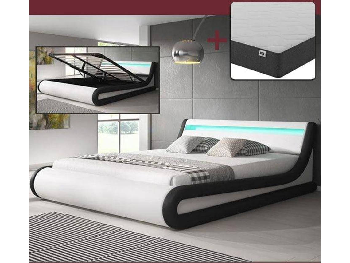 Cama com Colchão Parisina MÓVEIS BONITOS (Branco - Polipele - Colchão 180x200cm - com Estrado Elevatório)