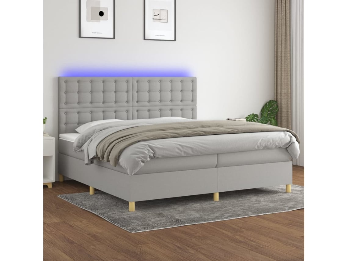 Cama Box Spring VIDAXL Colchão/LED (Cinzento - Tecido - 200 x 200 cm)