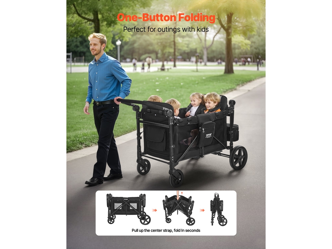 Carrinho Dobrável Para 4 Crianças Com Sistema De Empurrar E Puxar Preto Vevor