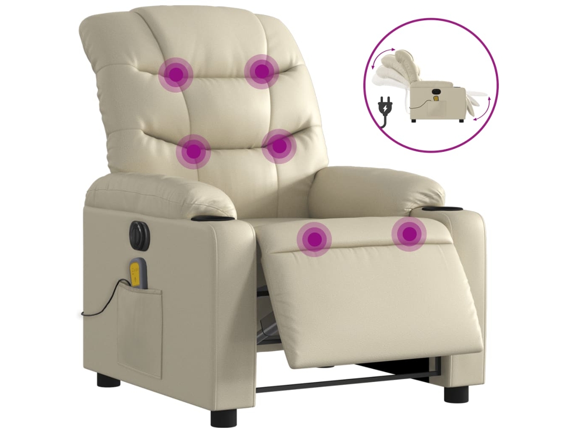 Poltrona Massagem Reclinável Elétrica Couro Artificial Creme CLIC N BUY