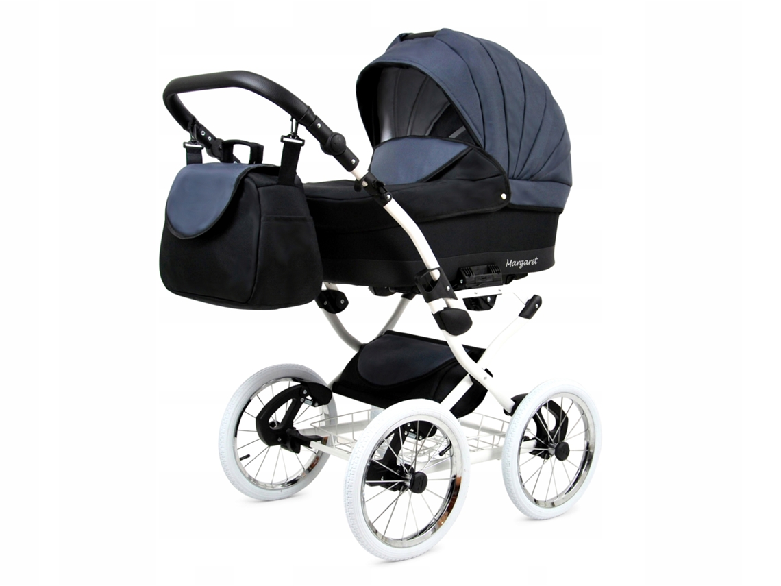 Carrinho de Bebé Multifuncional BABYLUX MARGARET WHITE 4 Em 1 -Black Grey - Ajustável e dobrável Construção leve em alumínio - Acessórios