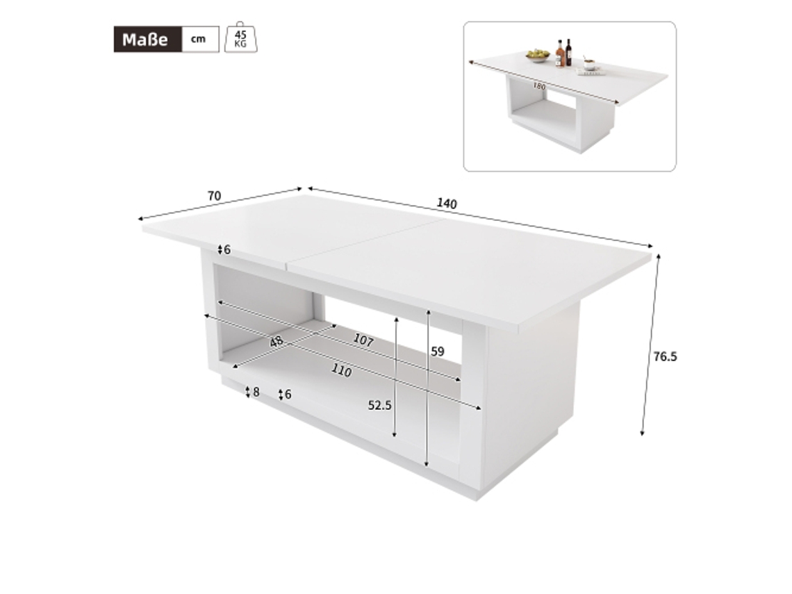 Mesa De Jantar Extensível, Quadrada, Branca 140/180 X 70 X 76,5 Cm Moderna E Simples Para Sala De Jantar Ou Sala De Estar Liptaptyn