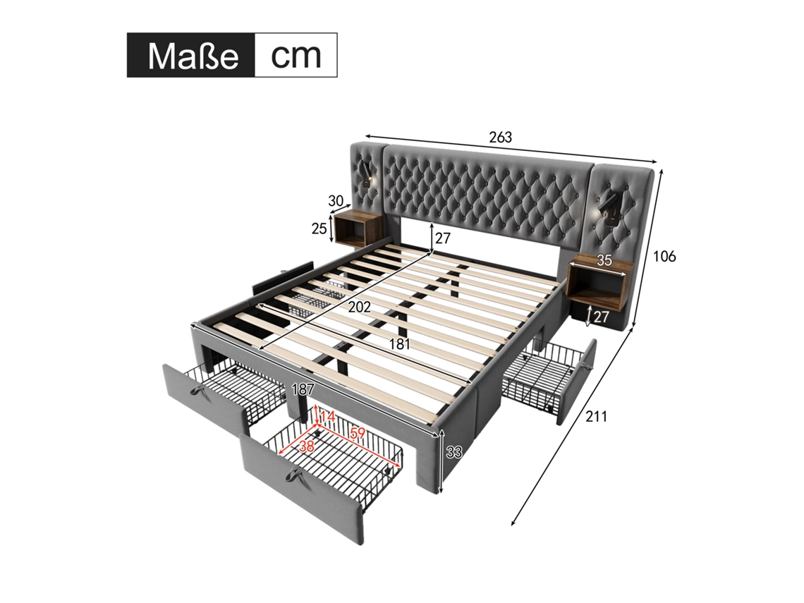Cama De Casal Com Cabeceira Completo Estofada Luz Leitura Função Pangshiyuan Veludo Cinzento (180x200cm)
