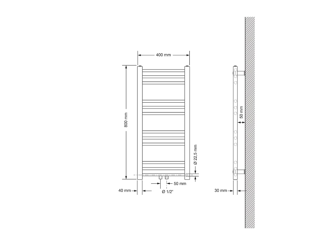 Radiador De Casa De Banho De Ligação Central 400x800 Mm Branco Direito Luxebath
