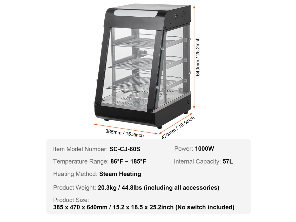 Aquecedor de Alimentos Comercial de 3 Níveis com Luz 385 X 470 X 640 Mm VEVOR