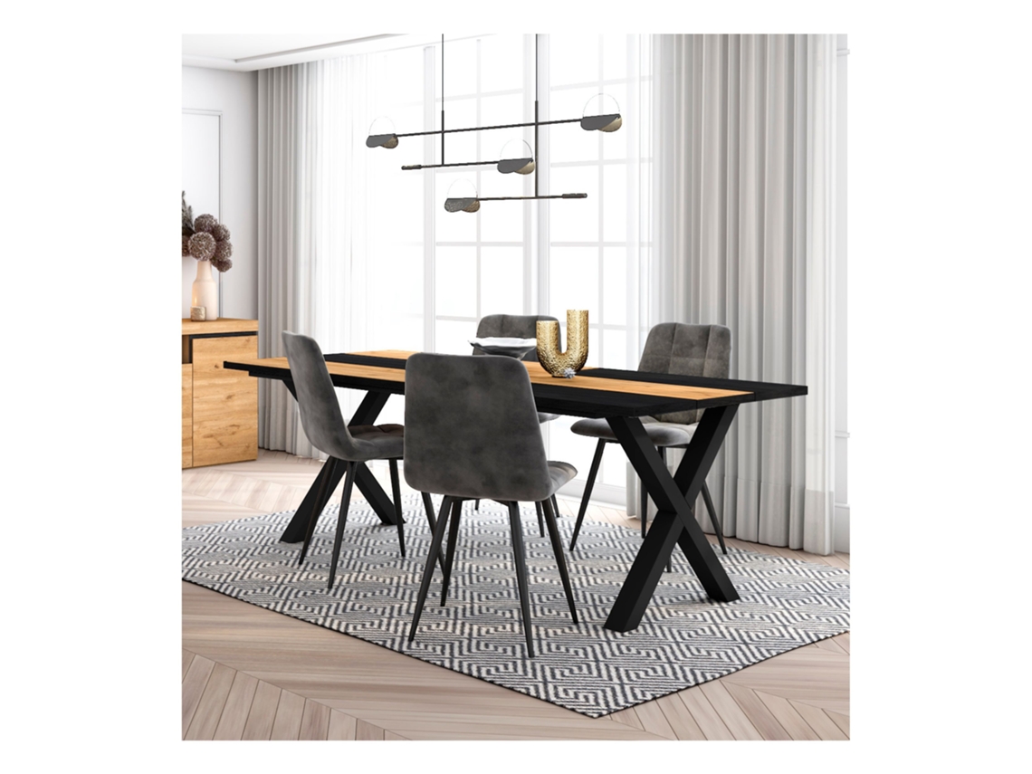 Conjunto Móveis Mesa de Sala de Jantar 200 Oak e Black Industrial Mesa Jantar Conjunto de 4 Cadeiras de Jantar Cadeira Estofada DUERMETE ONLINE