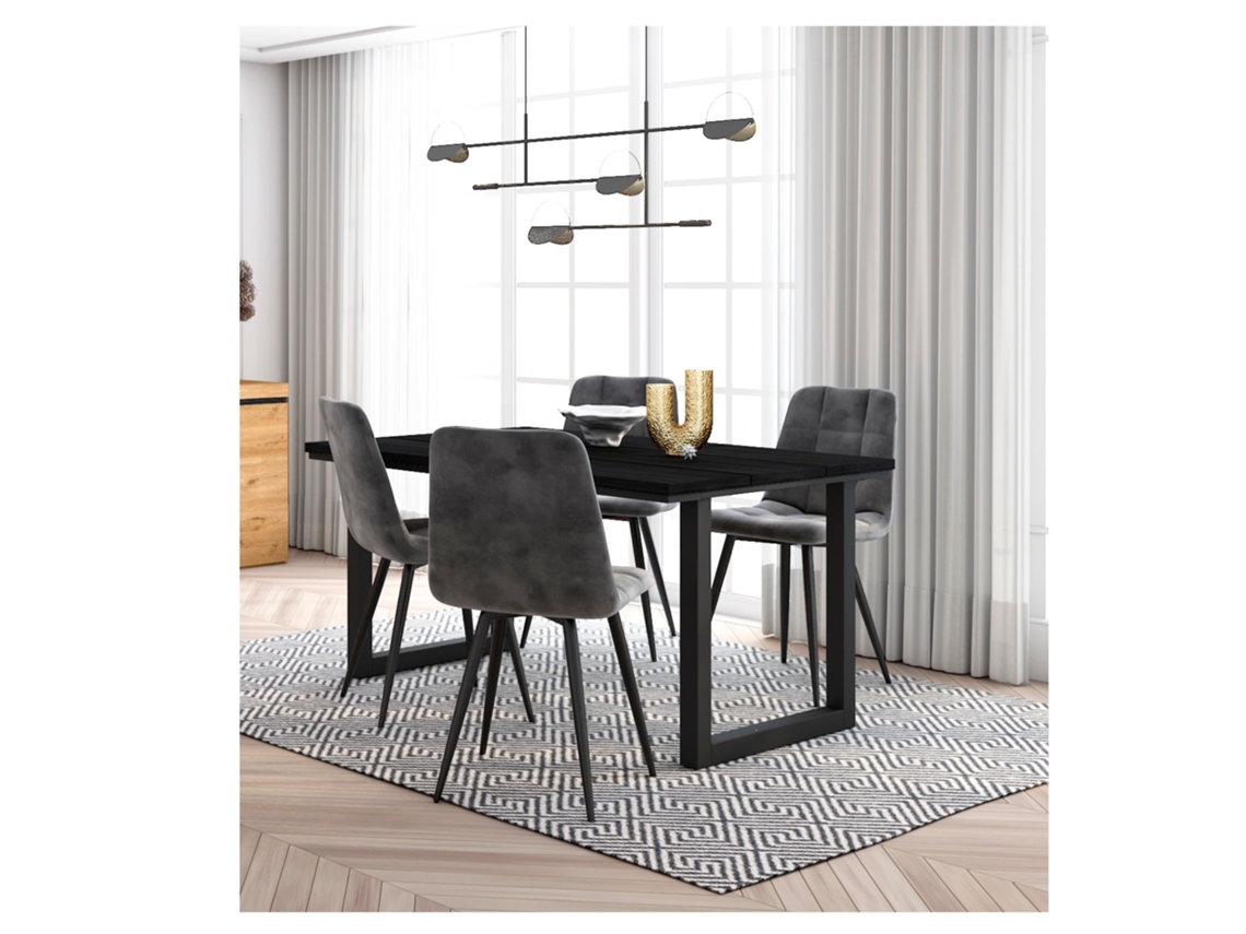 Conjunto Móveis Mesa de Sala de Jantar 140 Preto Estilo Industrial Conjunto de 4 Cadeiras de Jantar Cadeira Estofada DUERMETE ONLINE