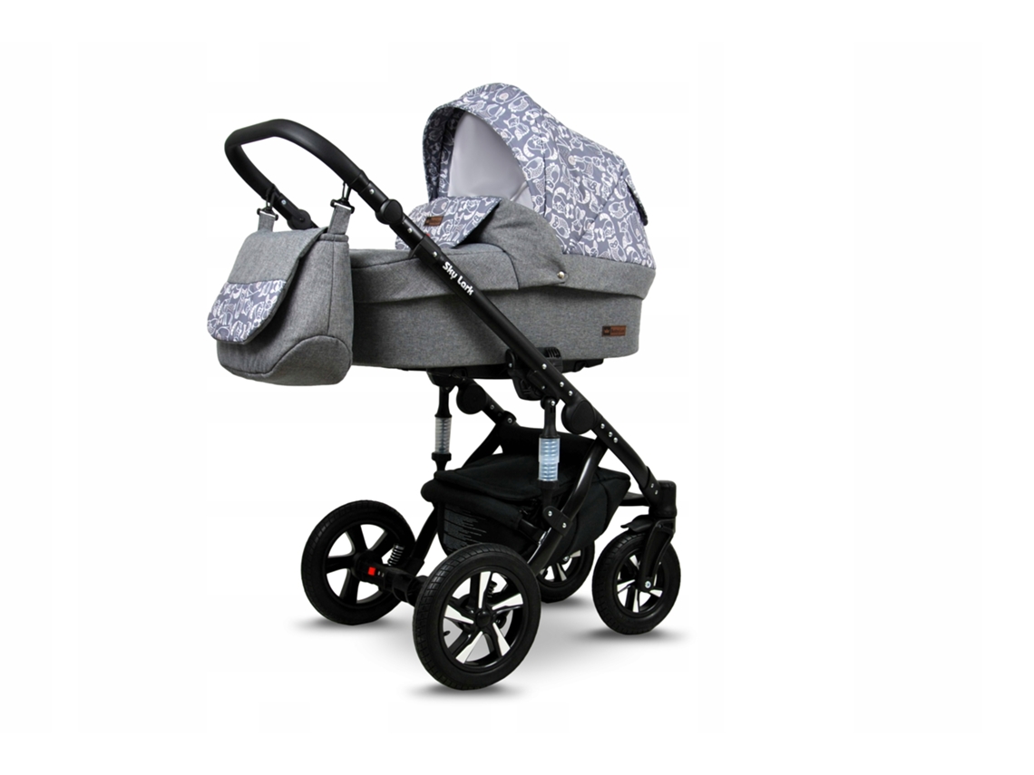 Carrinho de Bebé Multifuncional BABYLUX SKY LARK 4 Em 1 -Grey Animals BLACK FRAME - Ajustável e dobrável Construção leve em alumínio - Acessórios