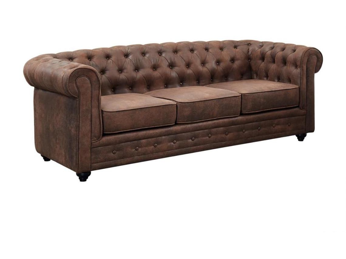 Sofá Fixo Chesterfield VENTE-UNIQUE (Castanho - Tecido e Veludo - 205x88x72 cm)