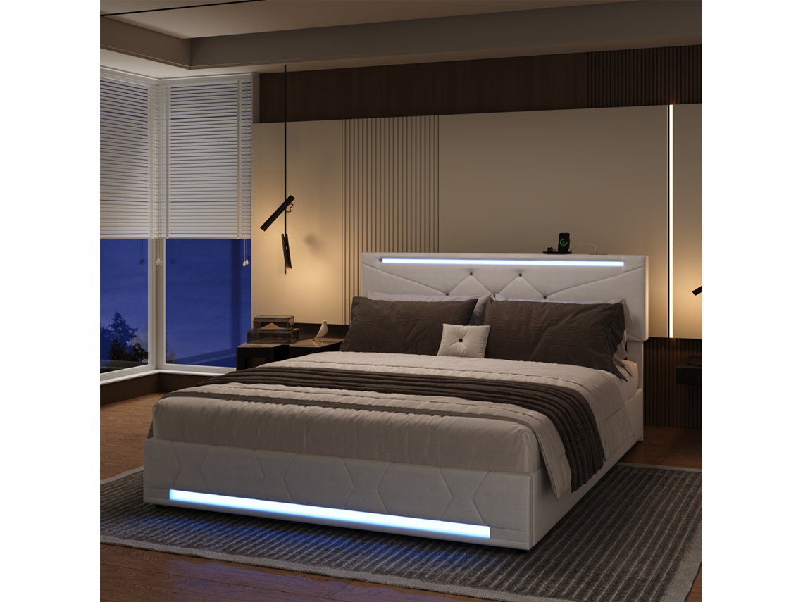 Cama De Casal Estofada Com Arrumação, Carregamento Usb E Iluminação Led Cama Bege Linne 140x200 Sem Colchão Rosahqnda