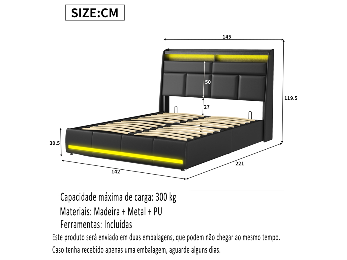 Cama Estofada 160x200cm Com Espaço De Arrumação, Cama De Casal Com Usb/led, Cama Com Arrumação, Cama Juvenil Com Cabeceira E Estrado De Ripas Mexus