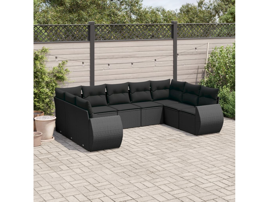 Conjunto 9 de sofás p/ jardim c/ almofadões vime PE preto