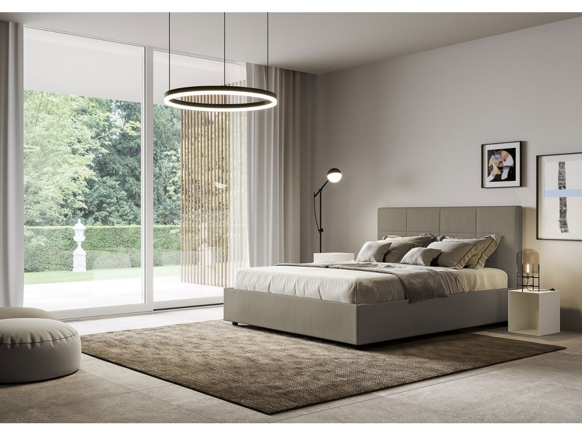 Cama de Casal Queen Size com Arrumação Estofada MikaITYHOME (160 x 190 cm - Painéis de Melamina e Couro Sintético)