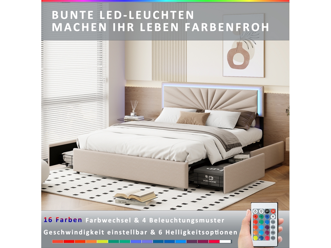 Cama Estofada 160x200 Cm, Cama De Casal, 4 Gavetas, Comando Remoto Para Luzes Led, Tecido De Linho Bege