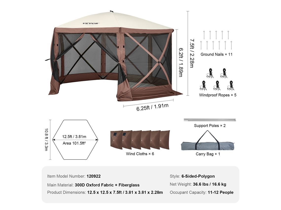 Abrigo VEVOR Pop-Up Gazebo com Tela Pop-Up Solar com Dossel de 6 Lados Marrom (12.5x12.5x7.5 ft/3.81x3.81x2.28 m)