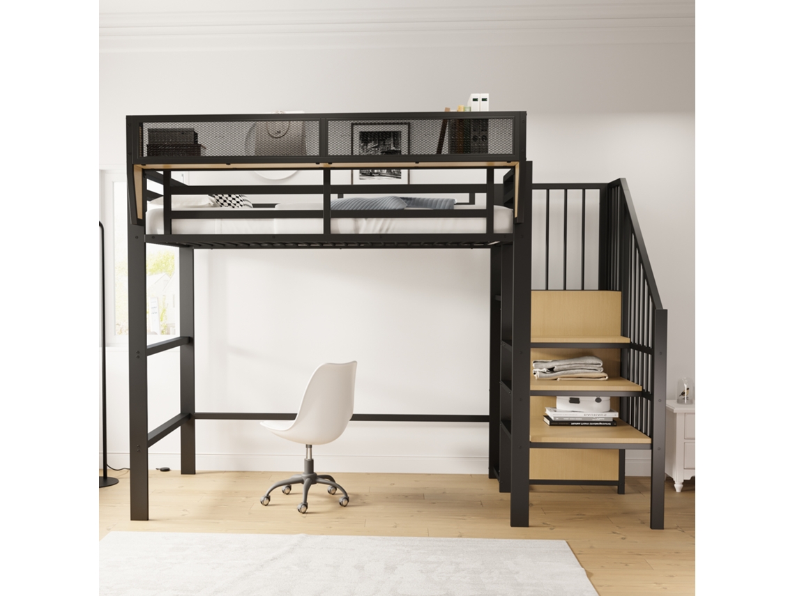 Cama Alta 90x200 Cm, Cama De Ferro Com Escada De Segurança, Estante Ajustável, Design Moderno, Preto (255x95x191 Cm)