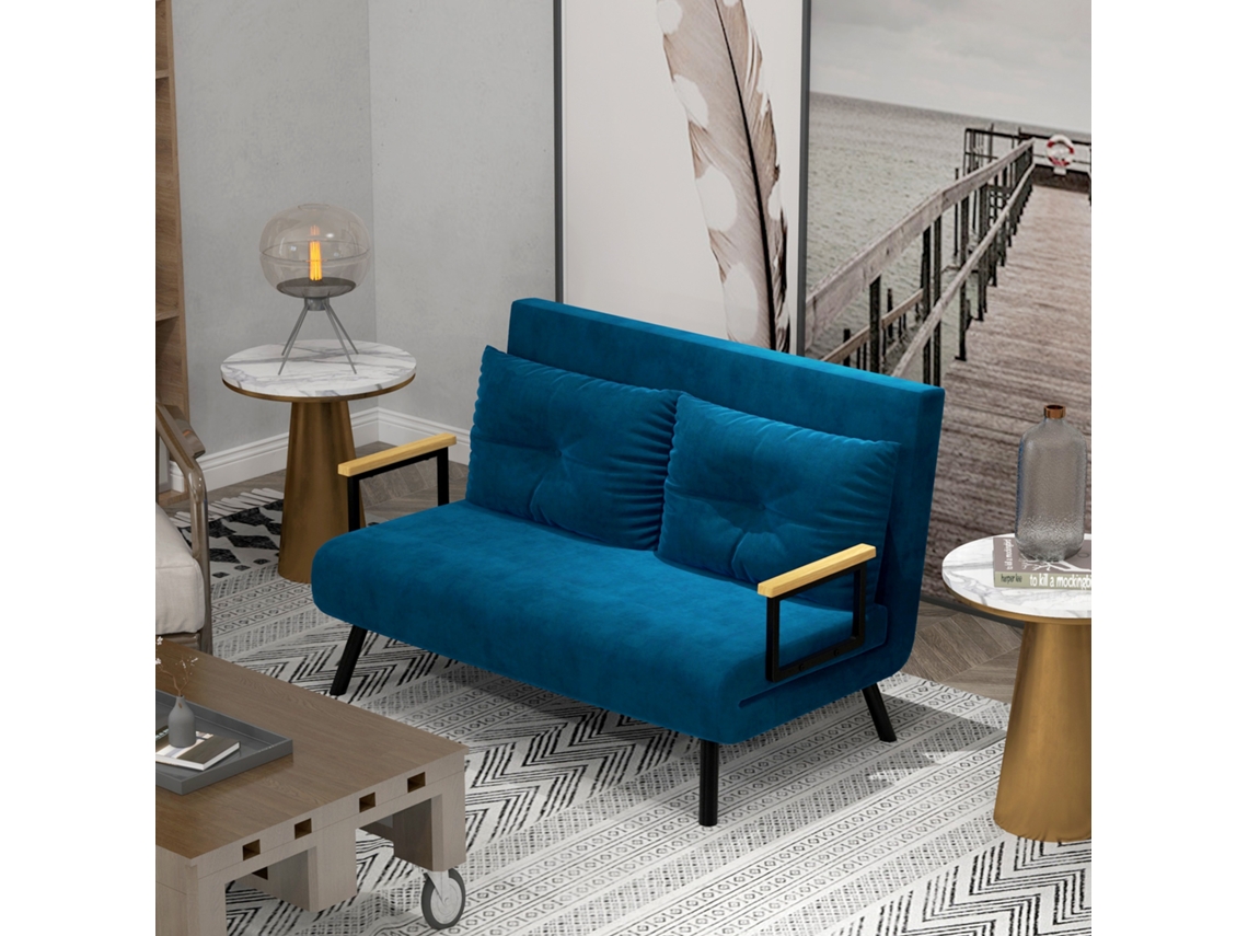 Sofá Cama Aço, Espuma, Poliéster e Madeira de Borracha cor Azul 102x73x81 cm HOMCOM