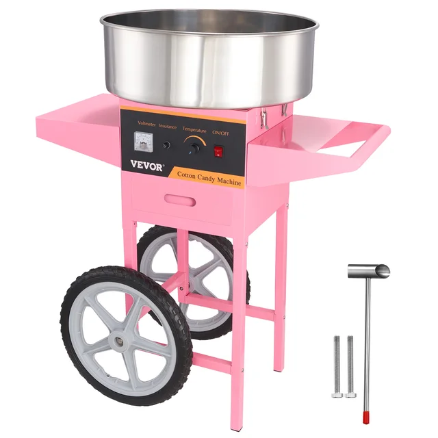 Máquina De Algodão Doce, 1000w, Tigela De Aço Inoxidável, Rosa Com Carrinho
