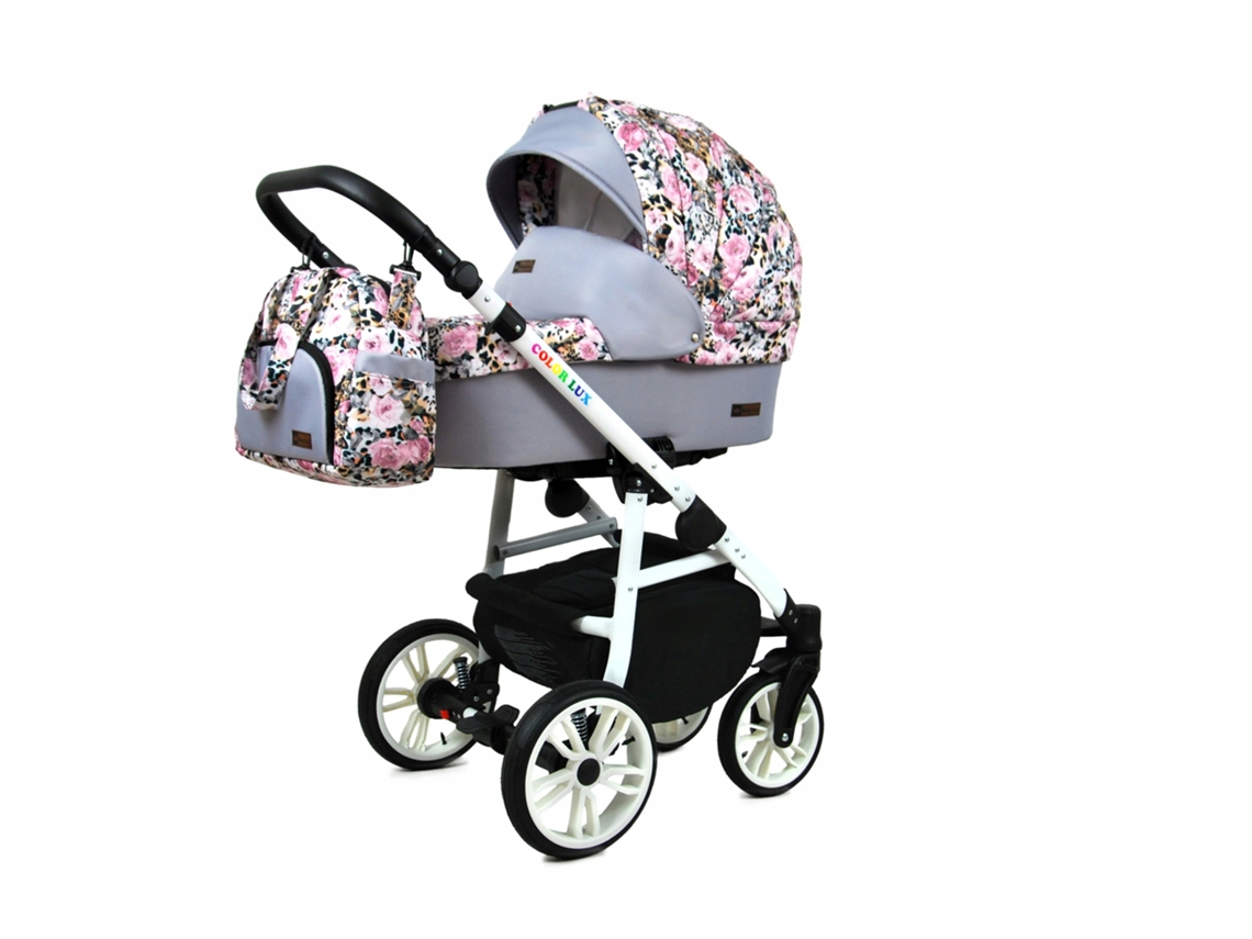 Carrinho de Bebé Multifuncional BABYLUX CLASSIC GOLD 4 Em 1 -Albion Roses On Leopard WHITE FRAME - Ajustável e dobrável Construção leve em alumínio