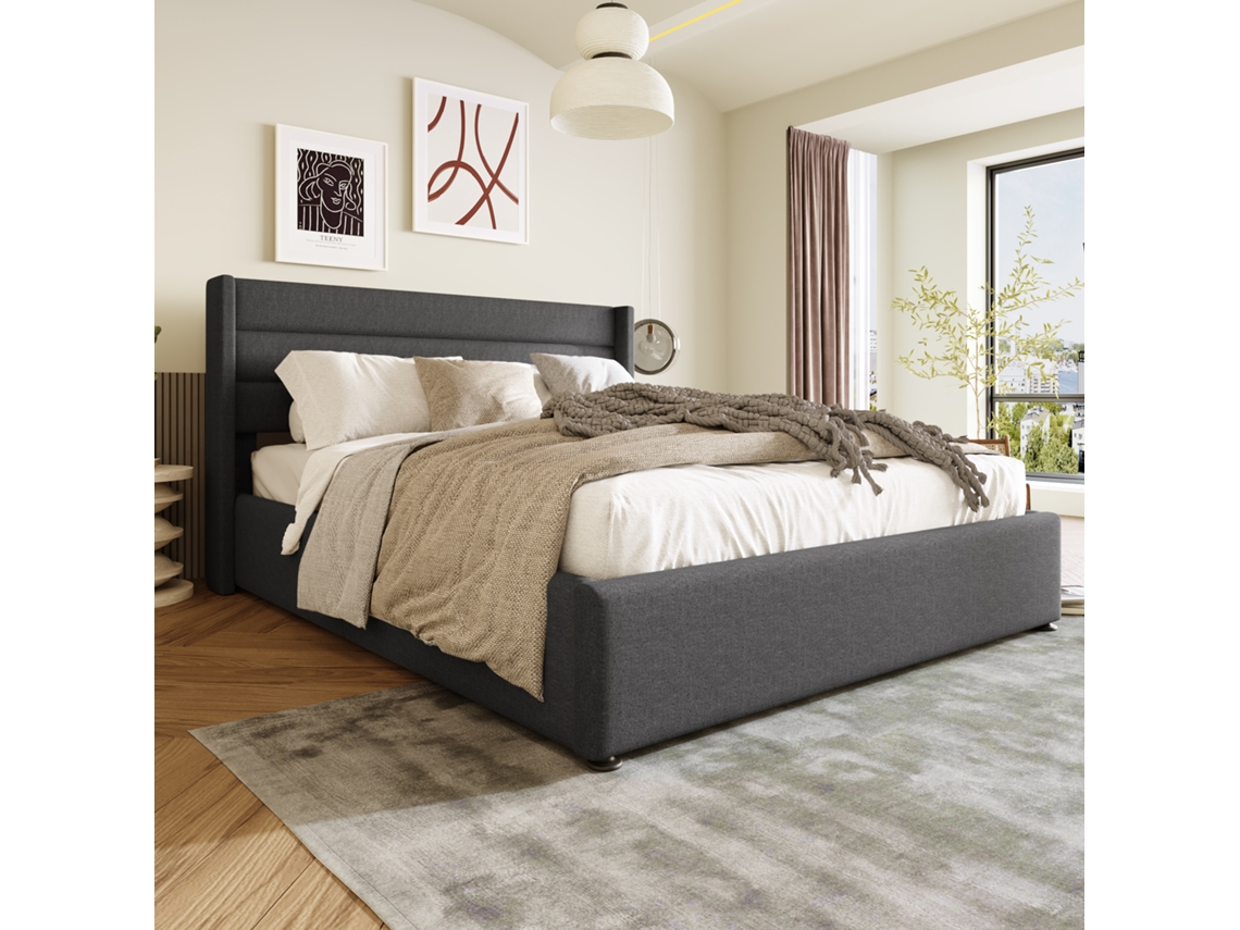 Cama De Arrumação Cama Estofada Cama De Casal Hidráulica 140x200cm, Incluindo Colchão, Cama Com Base Ripada Em Estrutura De Metal, Linho, Cinzento