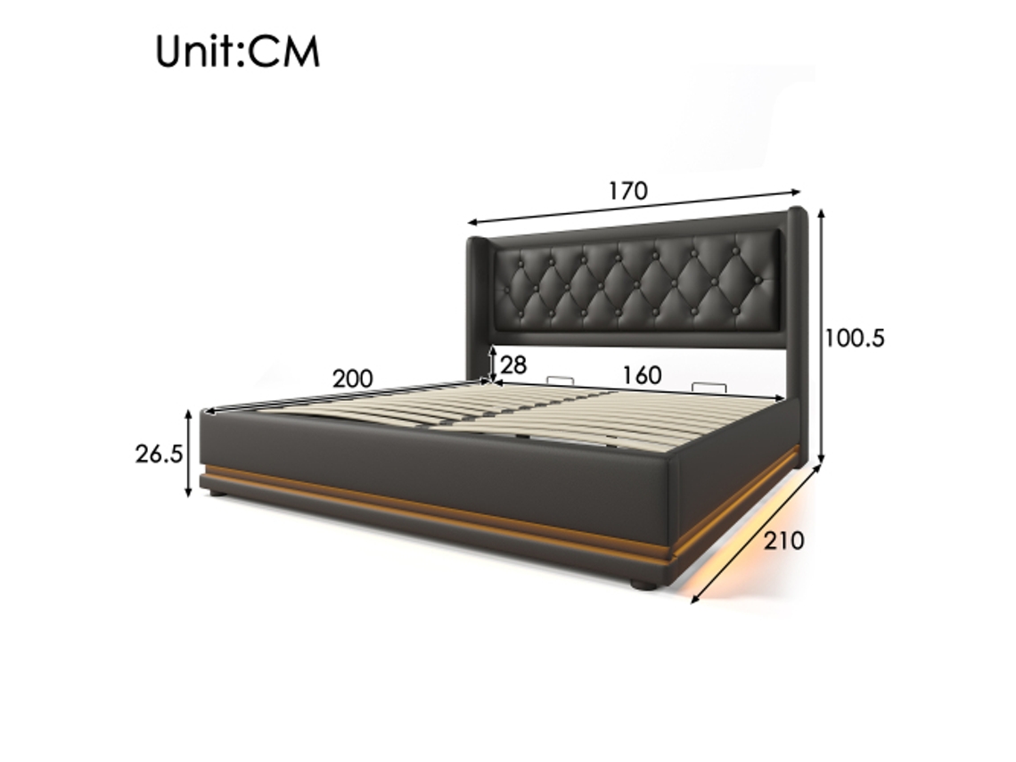 Cama Box Casal 160x200 Cm, Preta Em Pu Com Armazenamento Hidráulico, Cabeceira Acolchoada Com Usb-c E Led 3 Lados (inclui Colchão)