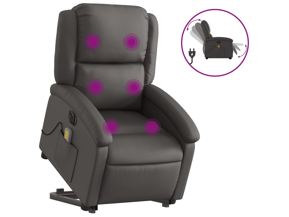 Poltrona Reclinável Elevatória Elétrica Couro Genuíno Cinza CLIC N BUY