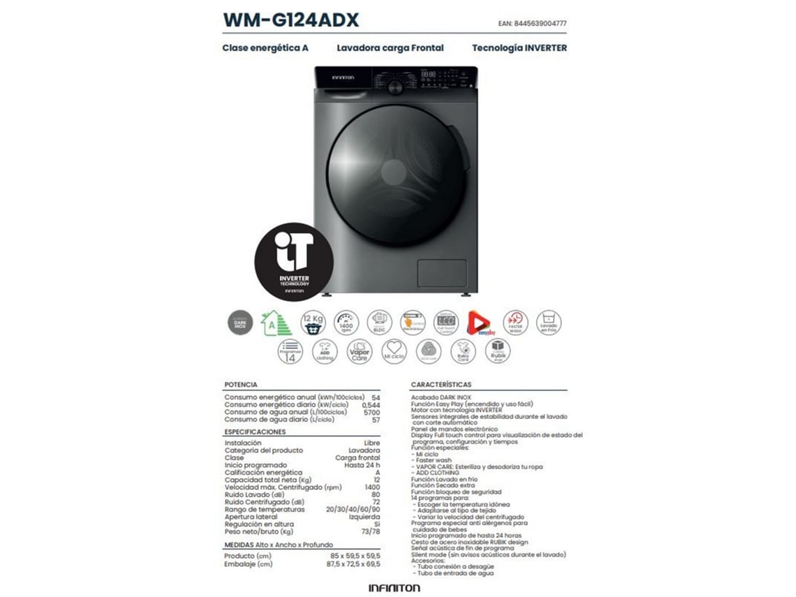 Máquina De Lavar Roupa De Carga Frontal Infiniton Wm G124adx, 12 Kg, 1400 Rpm, 14 Programas, Dark Inox