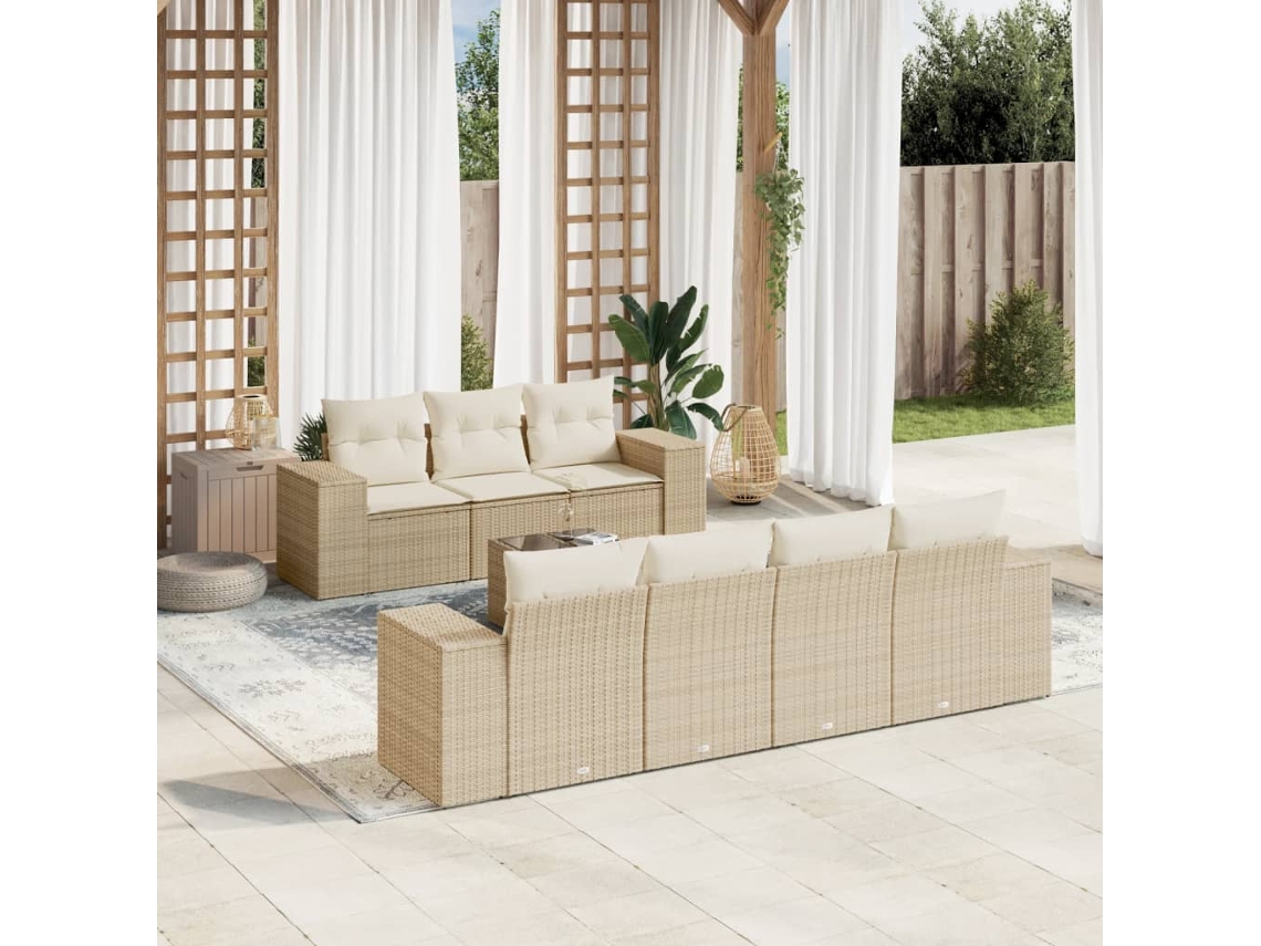 Conjunto 8 de sofás p/ jardim VIDAXL com almofadões vime PE bege
