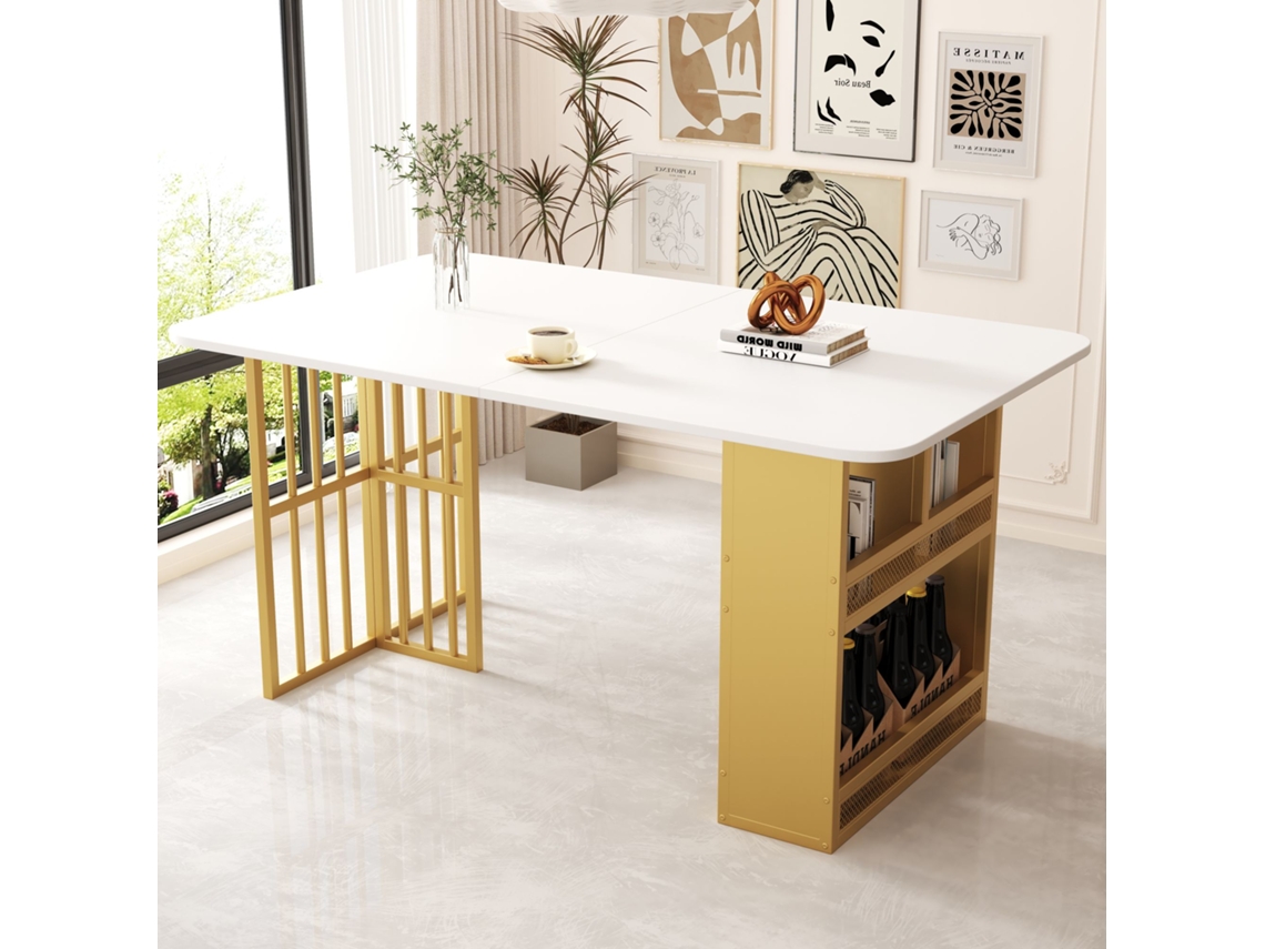 Mesa De Jantar Moderna, Com 6 Cadeiras, Design Simples, Estrutura Branco E Dourado, Tampo De Mdf, Pangshiyuan (160x80x75cm)