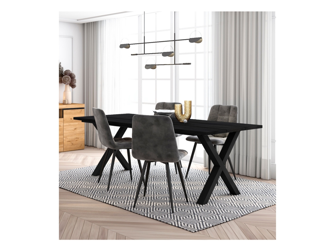 Conjunto Móveis Mesa de Sala de Jantar 200 Preto Estilo Industrial Mesa Jantar Conjunto de 4 Cadeiras de Jantar Cadeira Estofada DUERMETE ONLINE