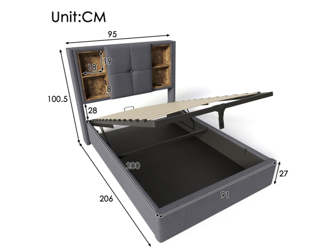 Cama De Solteiro Com Carregamento Sem Fio Usb C, Estrutura De Cama Estofada 90x200cm, Estrutura De Cama Com Espaço De Armazenamento, Estrutura De Ri