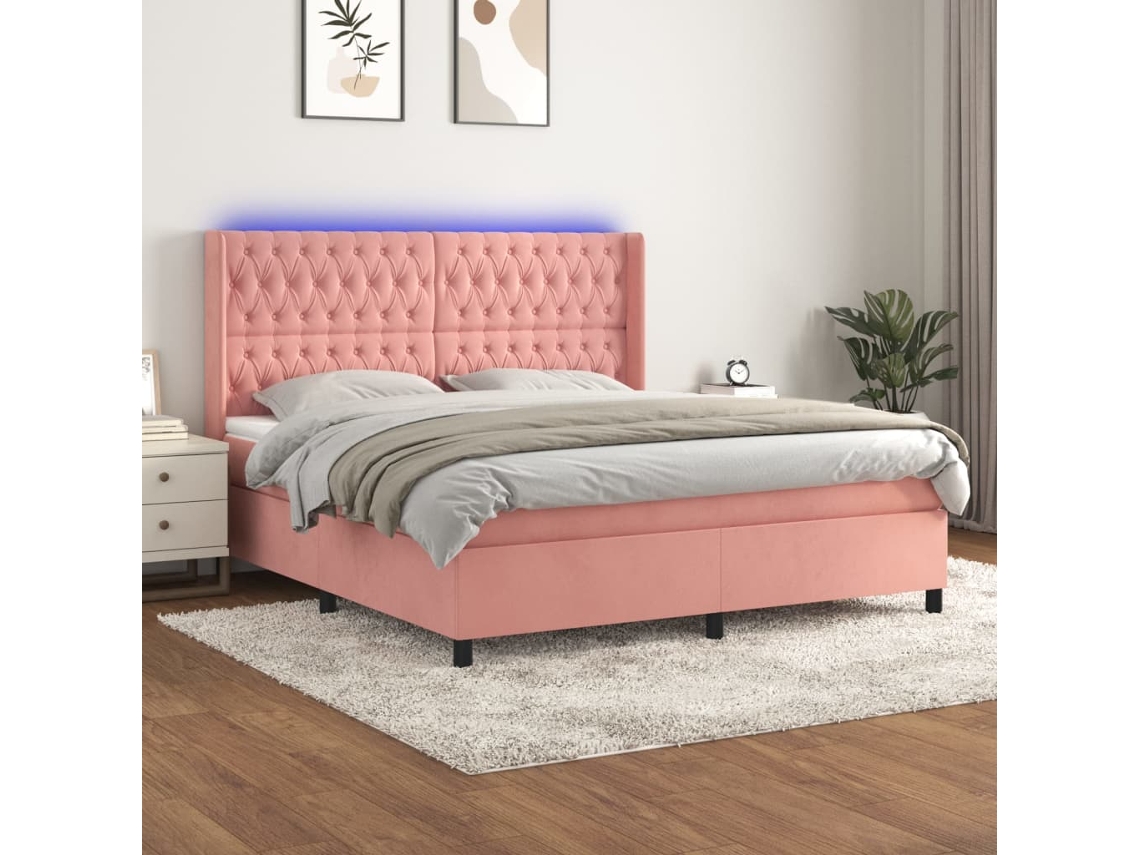 Cama Box Spring VIDAXL Colchão/LED (Rosa - Veludo - 180 x 200 cm)