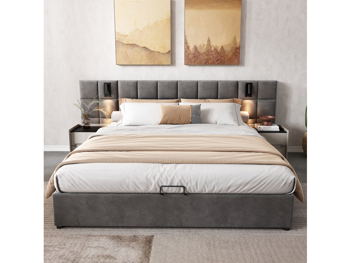 Cama Com Cabeceira E Arrumação Estofada Hidráulica Espaço Larga Acolchoada Luz Direcional Usb Sem Pangshiyaun Aço Veludo Cinzento (160x200)