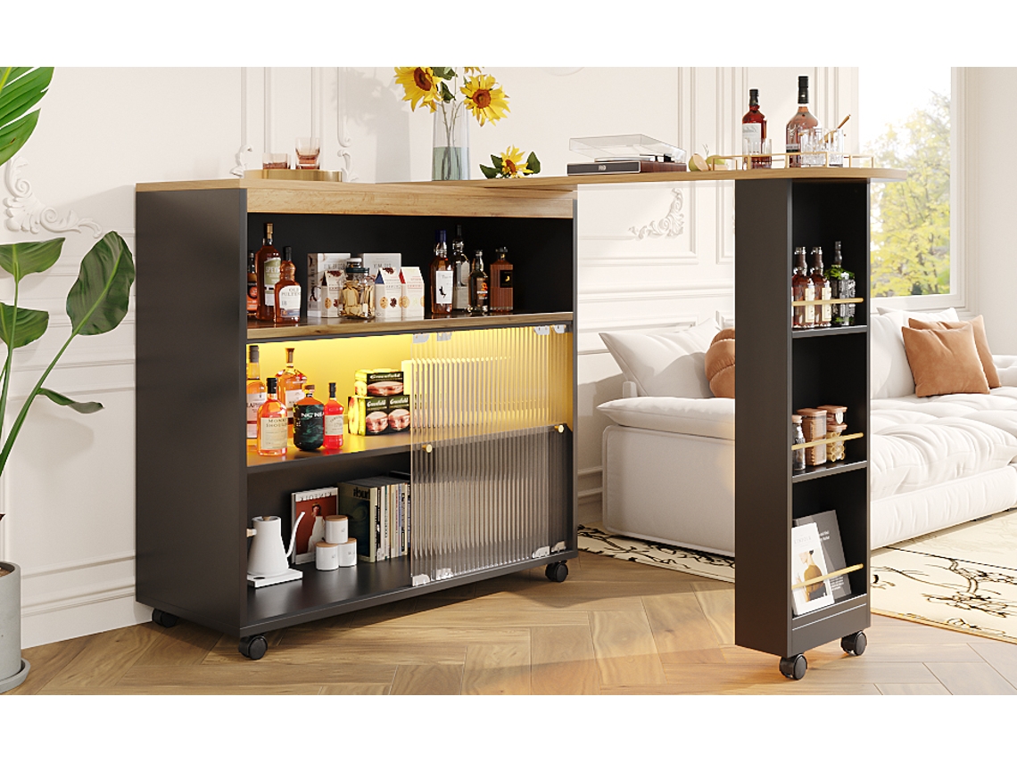 Mesa De Bar Extensível Com Led E Armazenamento, Estrutura Moderna, Acabamento Preto Pangshiyuan (138 204x39x105cm)