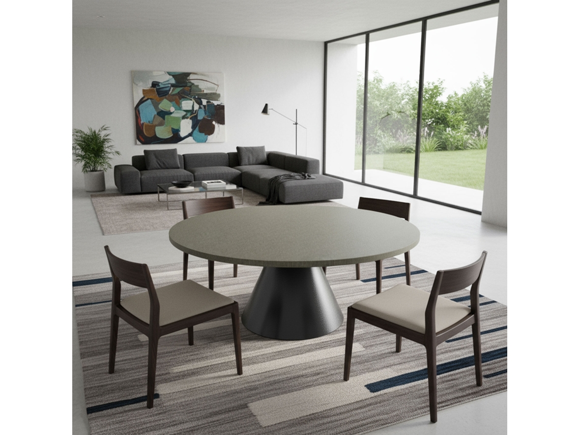 Artù Black Mesa Redonda Ø120 Cm, Base Metálica Cônica Preta E Tampo De Madeira Texturizada Cinza Frankystar