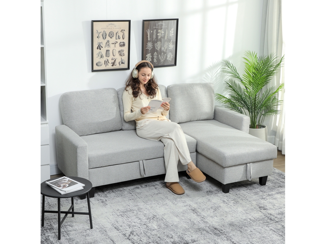 Sofá Cama Linho Sintético, Espuma Cor Cinza Claro 197x129x85 Cm Homcom