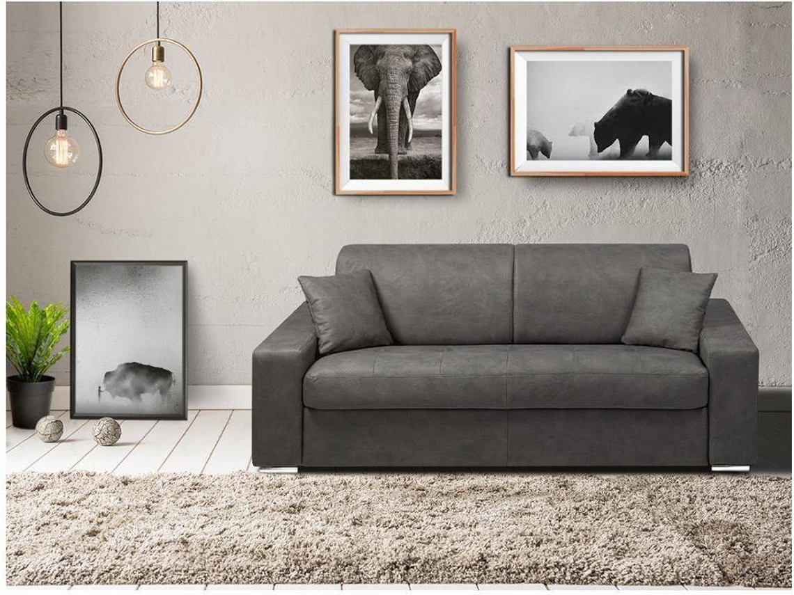 Sofá Cama Emir VENTE-UNIQUE (Cinzento - Tecido e Veludo - 204x95x85 cm/Dimensões da cama: 140-159 cm)