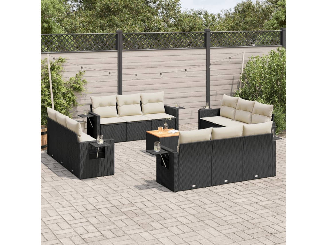 Conjunto 13 de sofás de jardim com almofadões VIDAXL vime PE preto