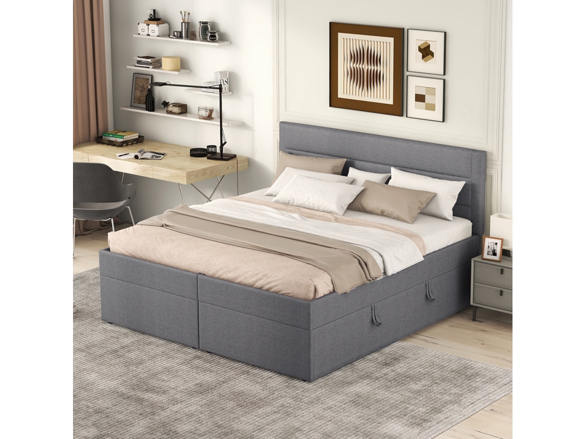 Cama Dupla Estofada Metálica Armazenamento Lateral Pangshiyaun Madeira Mdf Cinzento (105x207x141cm)