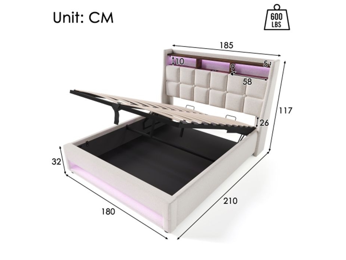 Cama Estofada Com Usb 180x200cm, Cama De Casal Led Com Estrado De Metal (sem Colchão)