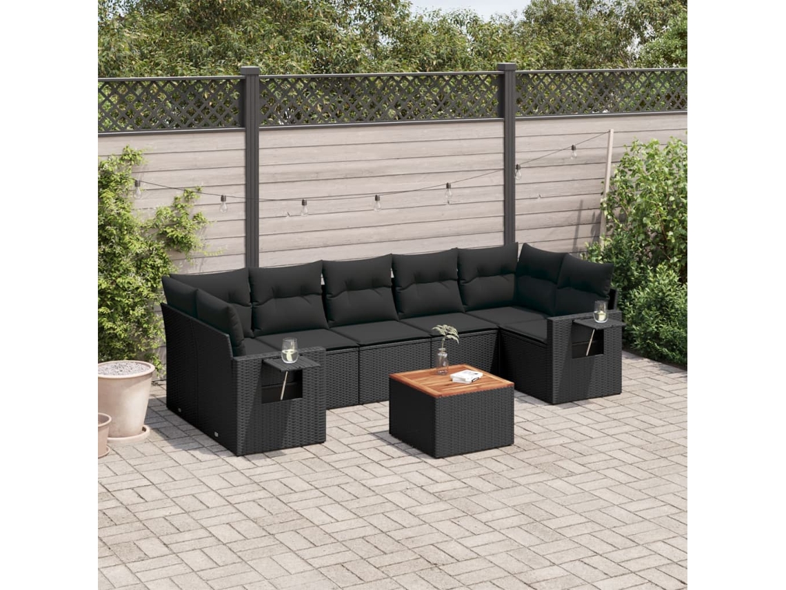 Conjunto 8 sofás de jardim VIDAXL com almofadões vime PE preto