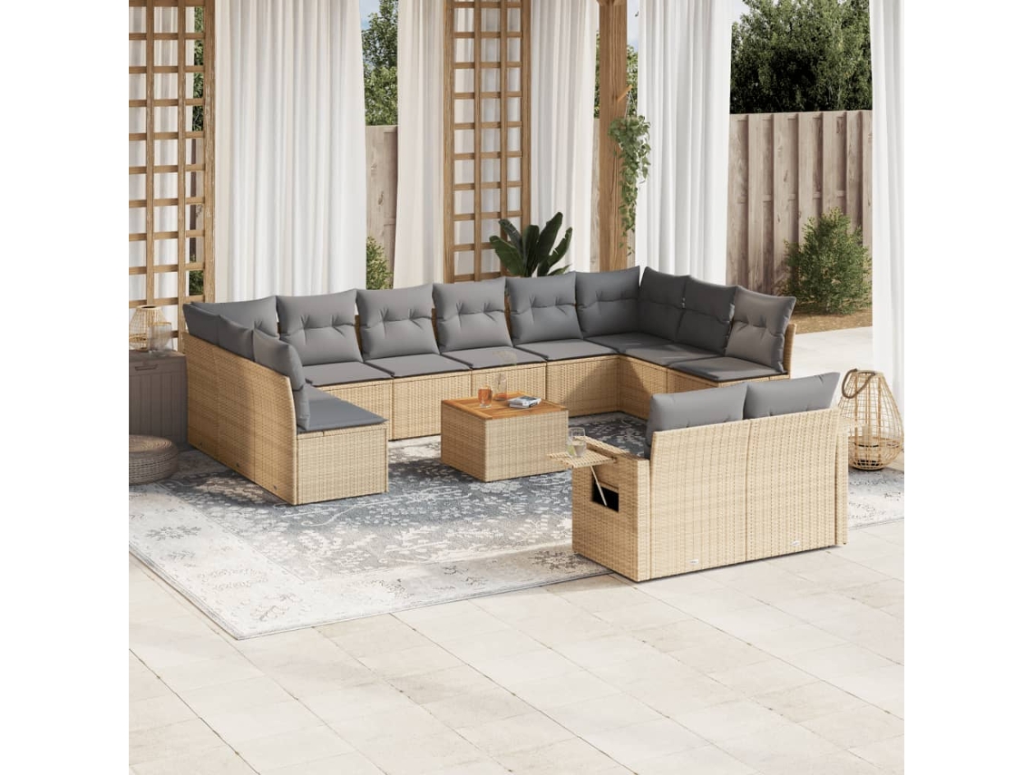 Conjunto 13 de sofás p/ jardim com almofadões VIDAXL vime PE bege