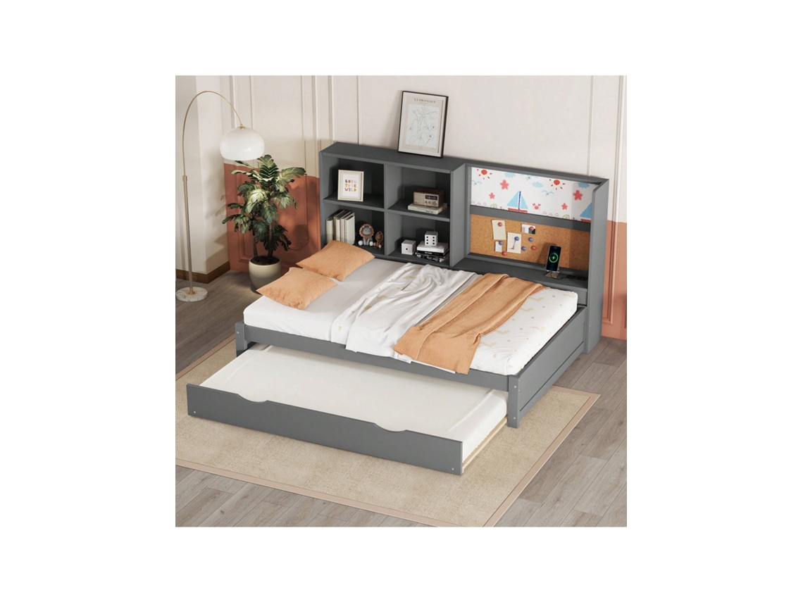 Sofá-cama 90x200cm Com Cama Extra Deslizante, Porta Usb, Quadro De Desenho, Múltiplos Compartimentos, Cinza