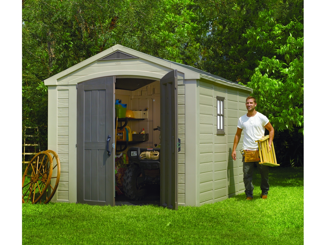 KETER Casa de Jardim Factor 8X11 ao ar livre abrigo de armazenamento exterior organização aço metal resina madeira 257x332x243 WxDxH