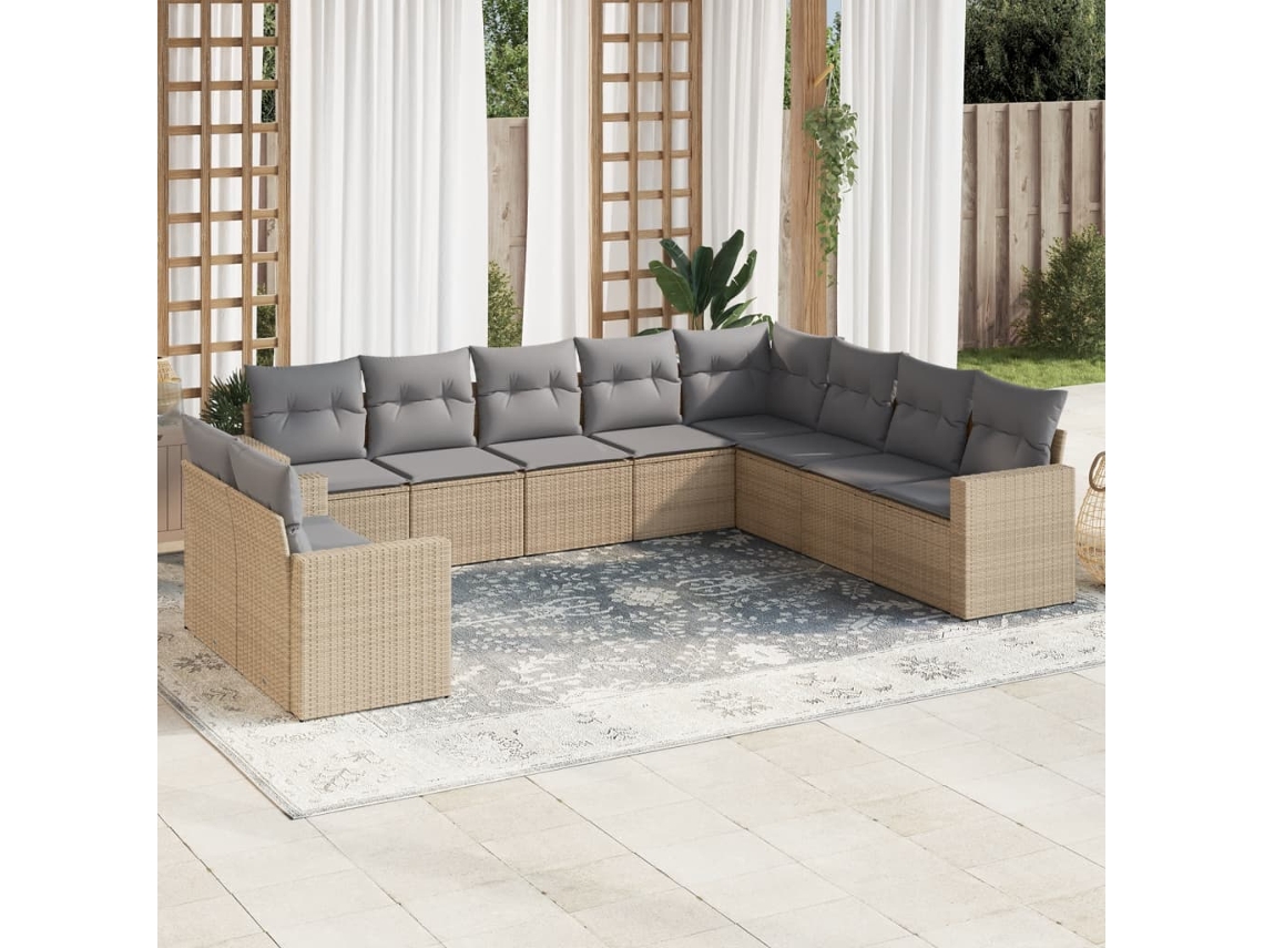 Conjunto 10 de sofás p/ jardim com almofadões VIDAXL vime PE bege