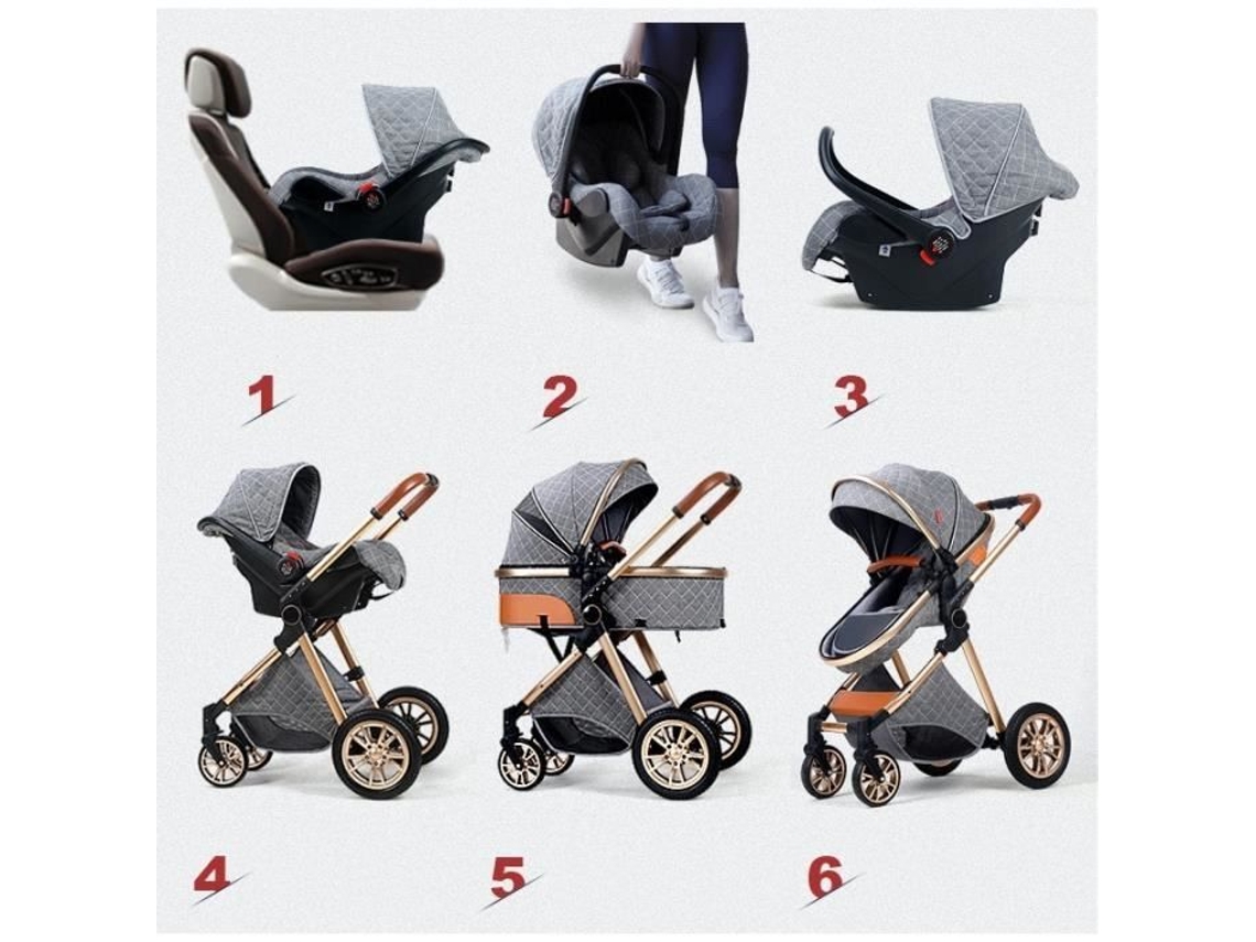 Carrinho 3 Em 1 Bebê Combinado Assento De Carro Berço Alto Trio Reversível Ajustável Alta Qualidade Rodas Increváveis Canne Cinza Luxcar