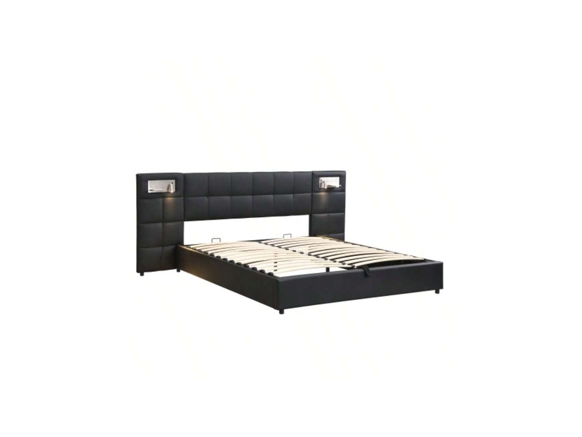 Cama Estofada 180 X 200 Cm, Cama Hidráulica, Com Porta Usb E Carregamento Sem Fio E Lâmpada Iluminada, Com Espaço De Armazenamento, Para Adultos E A