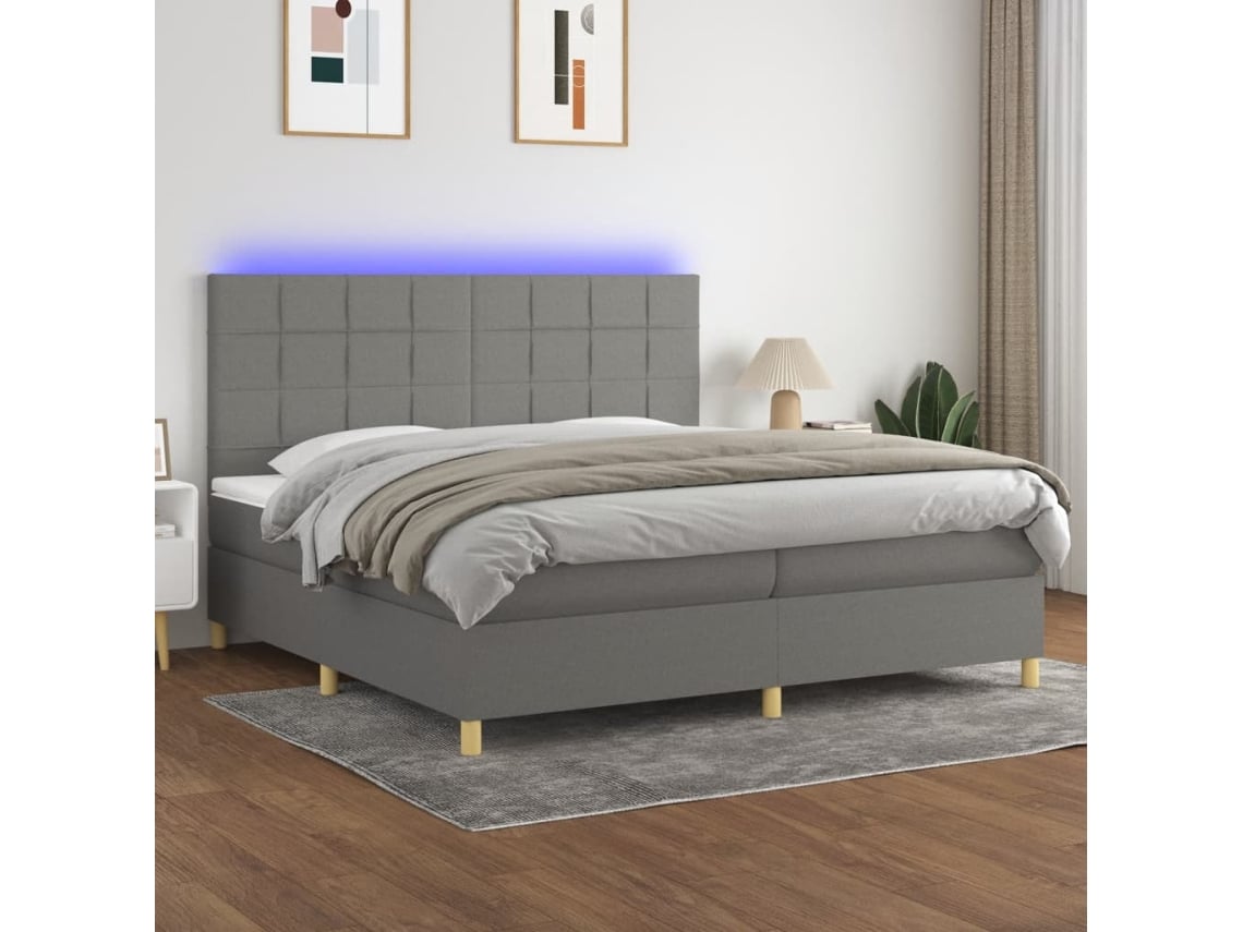 Cama Box Spring VIDAXL Colchão/LED (Cinzento - Tecido - 200 x 200 cm)